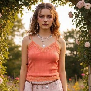 Extra Touch XL Y2K Romantic Coquette Beaded Sequin Lace Trim Ribbed Tank Top